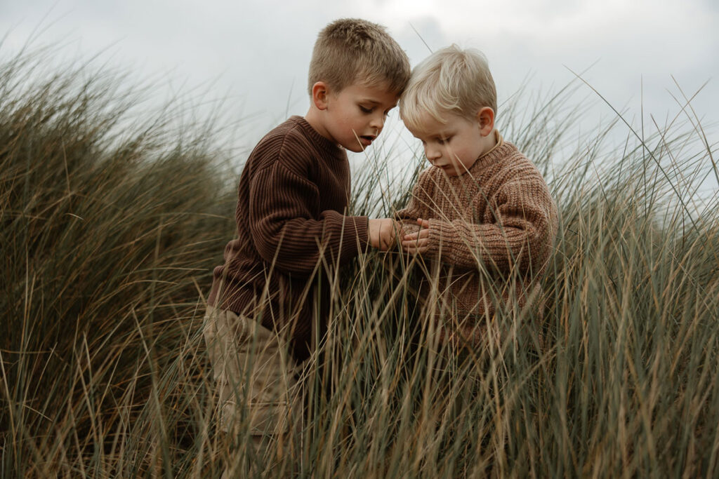 Two young boys looking at something in the long grass