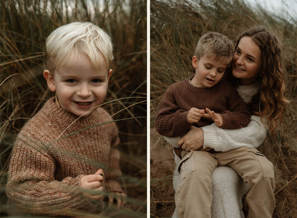 Portrait of a mother and her two sons in the sand dunes on Bantham Beach, Devon